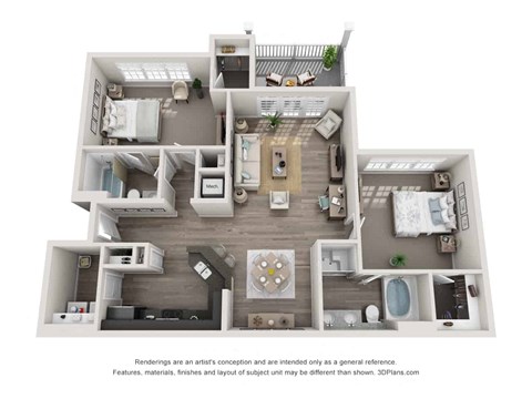 Floor plan for 2 beds, 2 baths, 1263 sqft